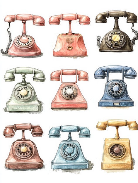 Nine Vintage Telephones Watercolor Illustration