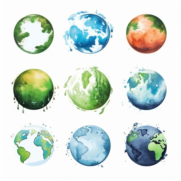 Photo nine watercolor planets with different textures and colors