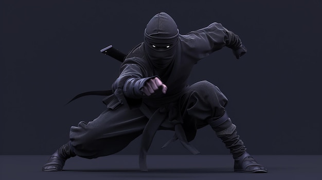 A ninja in a black suit crouches low to the ground ready to strike