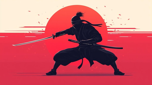 A ninja dressed in black with a red sun behind him