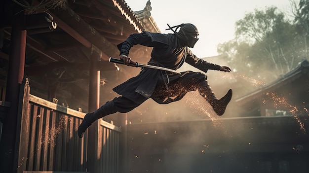 Ninja Leaping Through the Air with a Sword in Hand