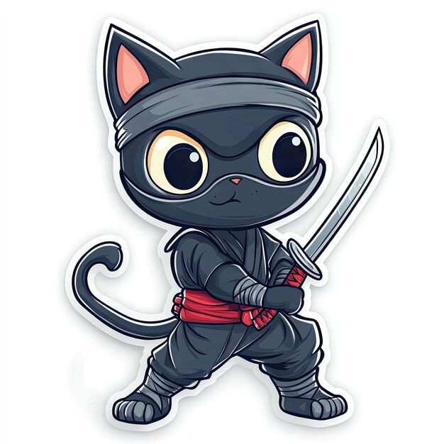 Photo ninja master cute cartoon cat with sword and mask ready for action