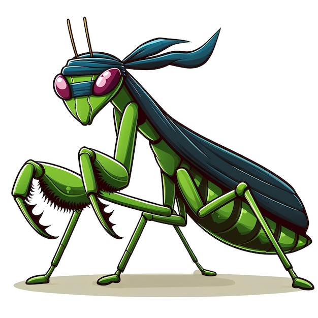 ninja praying mantis cartoon character isolated white background