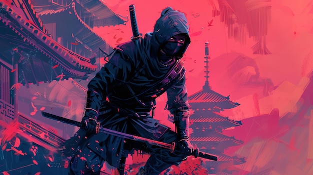 A Ninja Stands Guard in a CrimsonPainted Cityscape