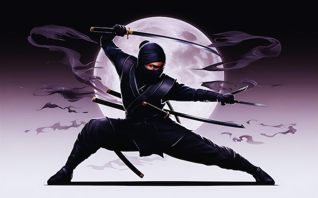 Ninja warrior illustration with sword male girl ninja with black mask on face covering in tanning