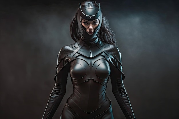 Ninja woman in full bodysuit isolated black background