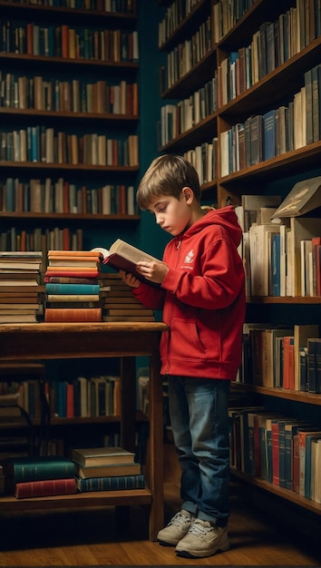 Nino canadiense en biblioteca local seleccionando libros de ciencia