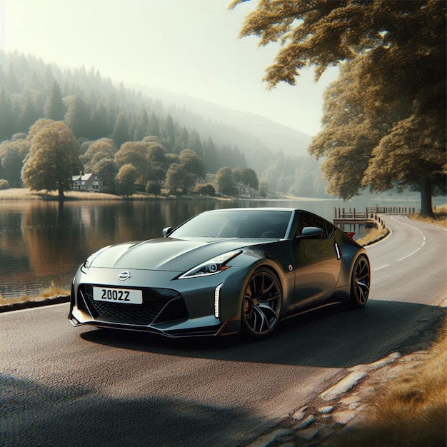 Nissan 400Z parked on a quiet lakeside road