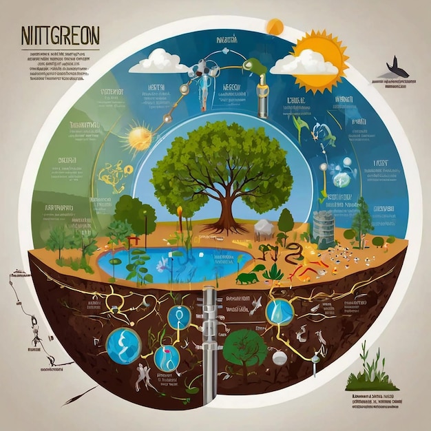 Nitrogen cycle Labeled educational natural chemical scheme Graphic with human and natural activities as part of earth life ecosystem