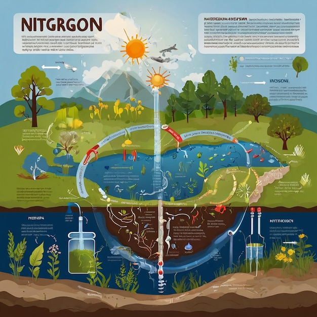 Photo nitrogen cycle labeled educational natural chemical scheme graphic with human and natural activities as part of earth life ecosystem