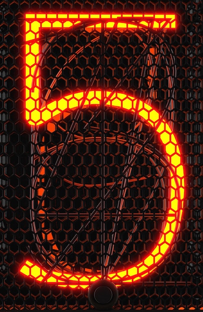 Nixie tube indicator, lamp gas-discharge indicator close-up. Number five of retro. 3d rendering.