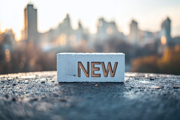 Photo nnew brick with word on background of city