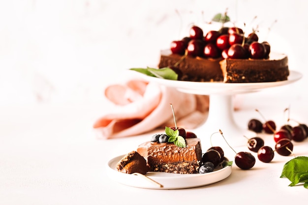 No Bake chocolate Cheesecake Decorated with Fresh cherries and Mint copy space for your text Horizontal