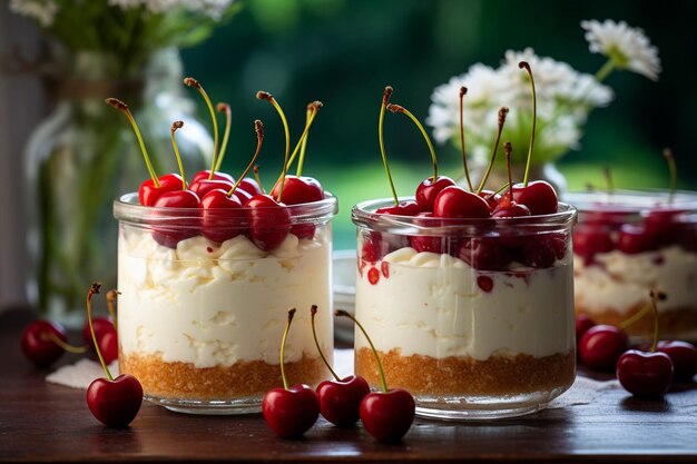 No baked cheesecake with cherry in glass jars