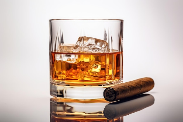 No brand symbols or trademarks Personal labels Close up of whiskey glass with cigar on white backgro