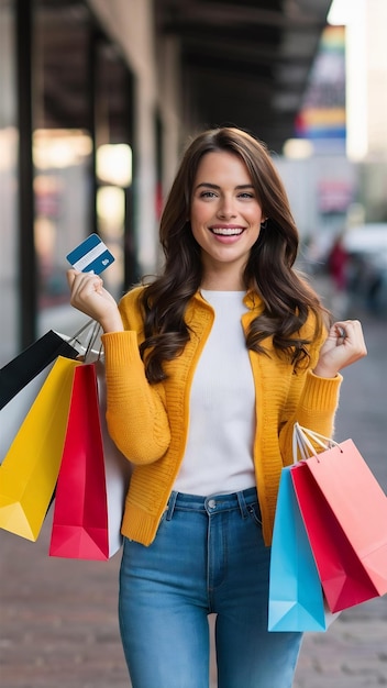 Photo no limits for shopping beautiful happy young woman showing her credit card and bags after successfu