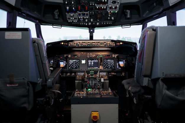 No people in empty plane cockpit with dashboard command and power buttons, switch, lever and handle. Nobody in cabin with control panel navigation and radar compass, engine throttle.