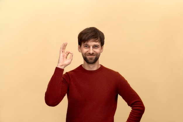 No problem. Photo of young man with beard wearing sweater, show okay sign, has smile, posing against beige wall.