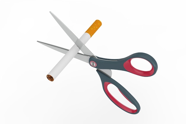 No Smoking Concept Scissors Cut a Cigarette on a white background 3d Rendering