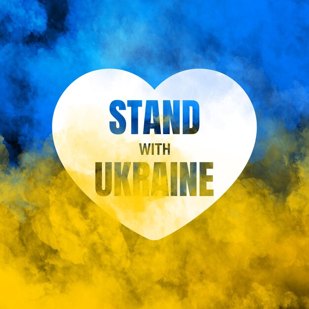 Photo no war concept the words stand with ukrainein in white heart on ukraine smoky flags background