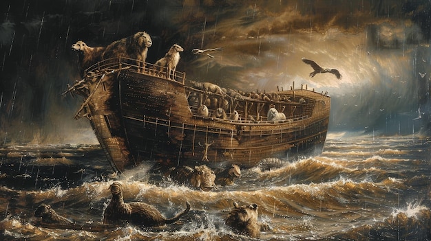 Noahs ark story animals boarding vessel in stormy sea illustration for religious narratives