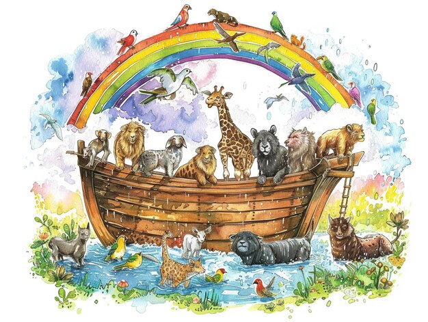 Photo noahs ark in watercolor animals peering out