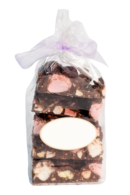 NoBake chocolate marshmallow slice bag package with blank white label in white background select