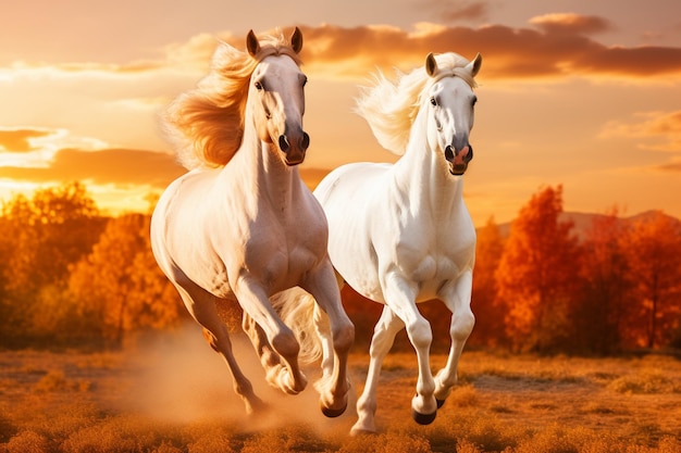 Noble horses galloping across fields