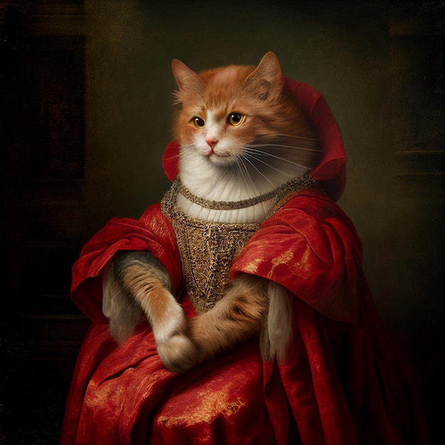 Noble Medieval Cat Imitation of Van Dyck Proud Cat in a Red Cloak Generative AI Illustration