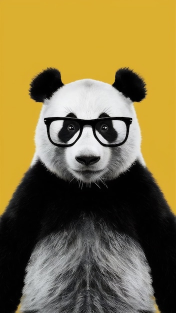 Photo noble portrait of a panda bear with black glasses against a bright yellow background