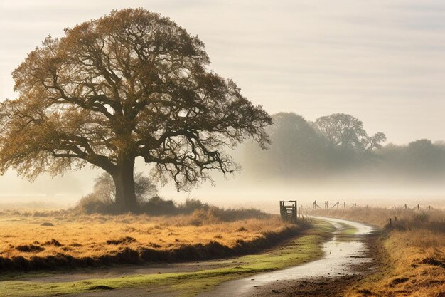 Photo nobodybd01 02176 oak tree in a misty field oak tree green landscape natural scene image