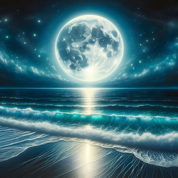 nocturnal beach scene with full moon light upon the shimmering waters