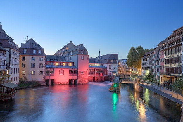 Nocturnal capture of houses on the banks of the river Ill in the city of Strasbourg France