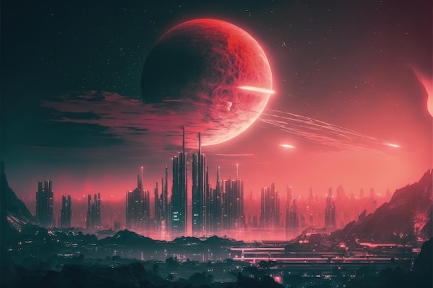 Nocturnal cityscape of futuristic metropolis with crimson planet in background Fantasy concept Illustration painting Generative AI