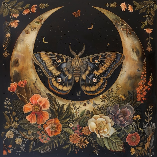 Nocturnal Moth and Moon Flora and Fauna Scene