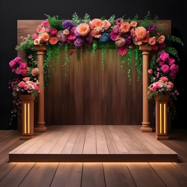 Nocturnal romance neon trimmed wooden stage amidst floral beauty