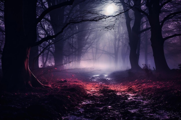 Nocturnal scene with autumnal landscape veiled in fog