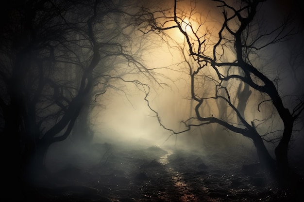 Nocturnal scene with autumnal landscape veiled in fog