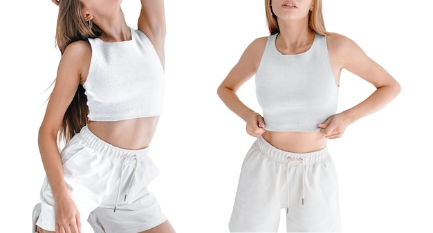 Photo noface woman wears a white crop top and white shorts studio shooting of a young woman in casual streetwear