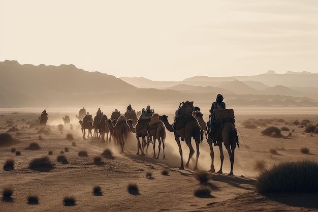 Nomadic tribe with their herd of camels crossing the desert created with generative ai