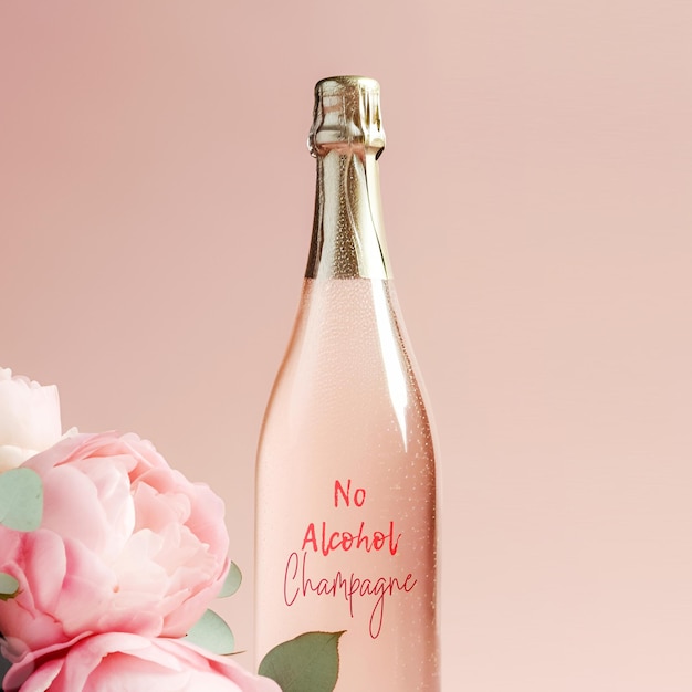 Non alcoholic rose wine Bottle of non alcoholic pink wine or champagne on pink background