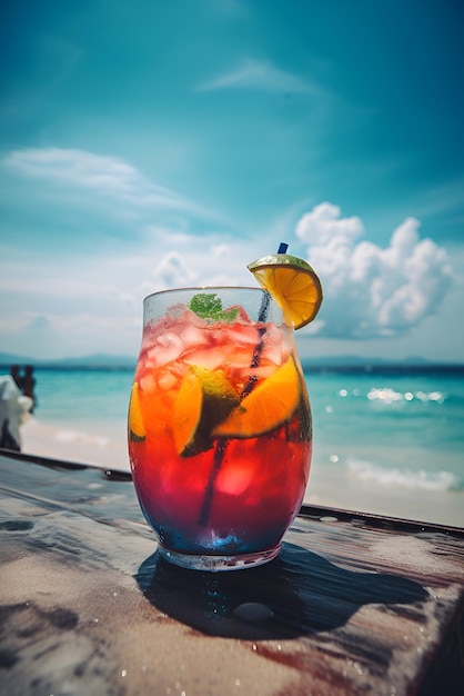 Nonalcoholic summer cocktail on a summer beach Summer refreshing drink concept Generated AI