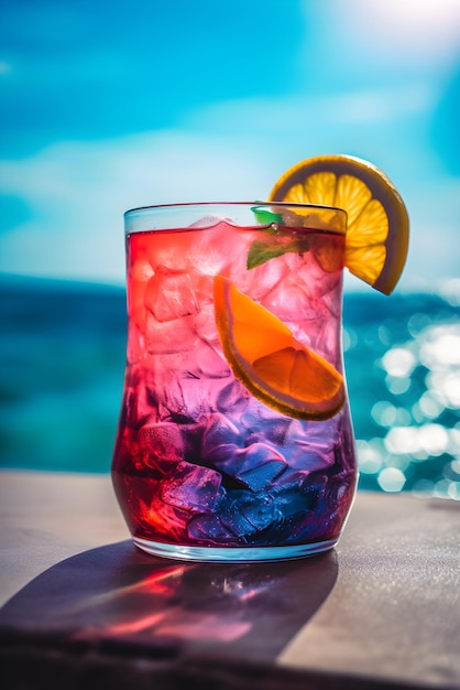 Nonalcoholic summer cocktail with a beach and sea on a background Summer refreshing drink concept Generated AI