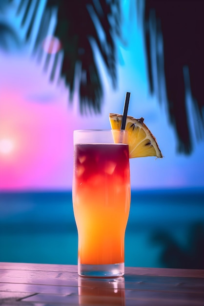 Nonalcoholic summer cocktail with pineapple on a beach and palms background Summer refreshing drink concept Generated AI