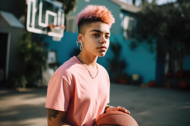 Photo nonbinary hispanic teenager playing basketball driveway activity generative ai aig23