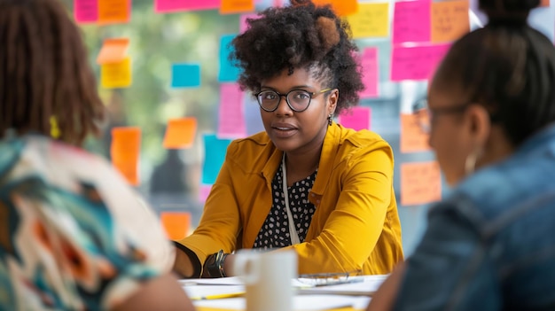 Nonbinary team leader in a yellow blazer guiding a discussion in a vibrant office environment