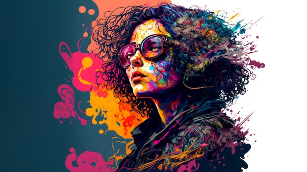 Nonexistent african american woman with glasses portrait in mixed color splashes on black background