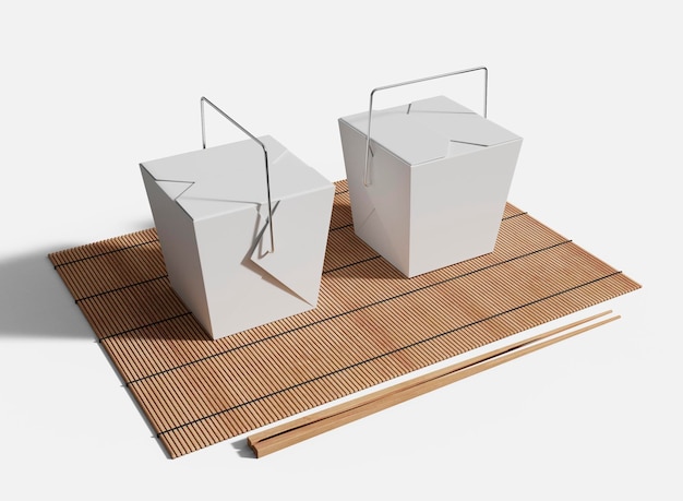 Noodle Boxs with Chopsticks on a Bamboo Mat