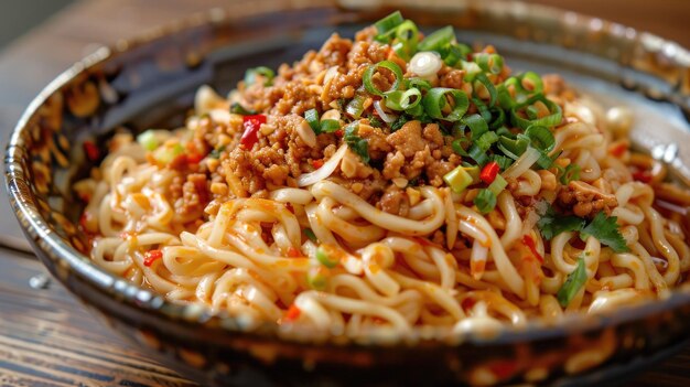 Photo noodle with minced pork and vegetables on a plate