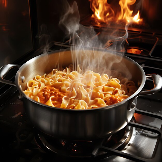 Noodles being cooked in a pan on a gas stove